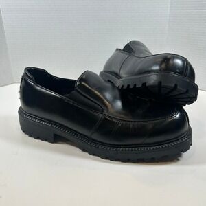 GBX Mens 12M Black Leather Slip On Loafer Shoes Chunky Sole Goth Y2K